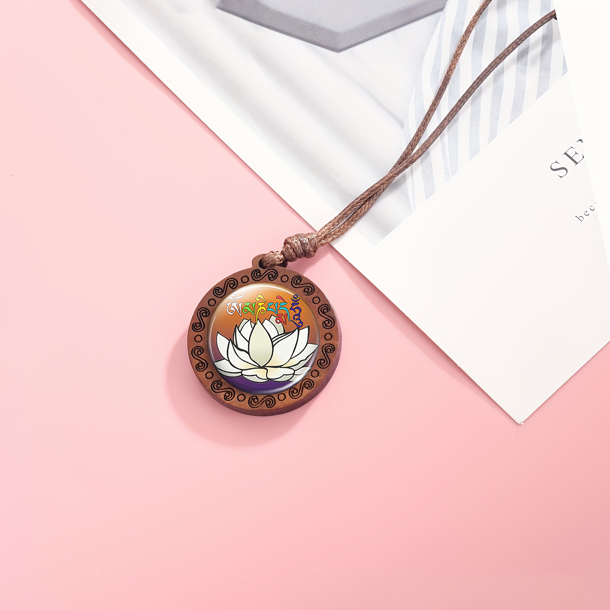 Handcrafted Wooden Lotus Pendant Necklace, Unisex Gift